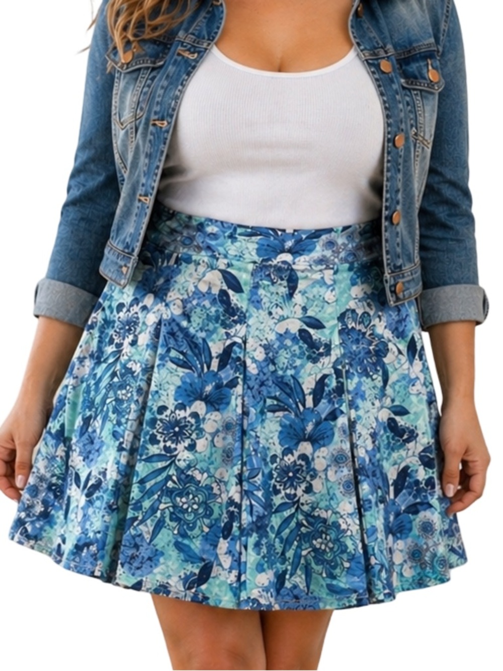 George Blue White Floral Skater Skirt Size 18 Cotton Fit Flare Lined Summer